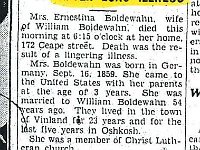 Ernestine Boldewahn passes away on Jan 28, 1935.