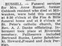 Anna Schobloski Russell Burial The Oshkosh Northwestern Tue  Sep 3  1946 